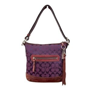 Coach Vintage Signature Jacquard Suede Tassel Slim Duffle Bag Plum Purple 9362